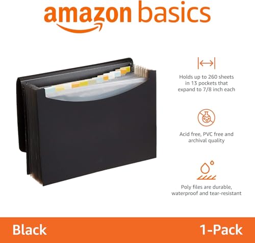 Amazon Basics Letter Size Expanding Accordion File Organizer - 13 Compartments, Waterproof, Black - Variation 1