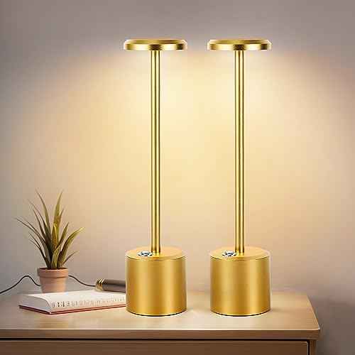 Rechargeable LED Wireless Touch Desk Lamps Set of 2, 5000mAh Battery Operated Lamp, 3 Color Modes with Memory Function and Stepless Dimming Desk Lamp for Restaurant/Bedroom/Terrace (Gold)