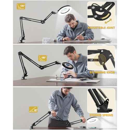 10X Magnifying Glass with Light and Clamp, Ultra Long 3 Section Swing Arm LED Desk Lamp, 5 Color Modes Stepless Dimmable, Hands Free Lighted Magnifier with Stand for Repair Reading Crafting Close Work
