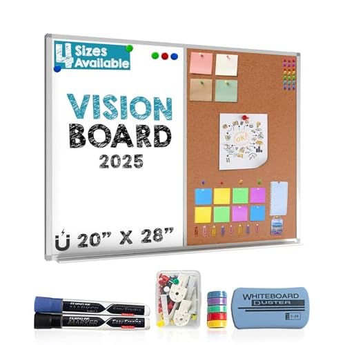Vision Board 2025: Dry Erase Cork Board Combo Set - 20" x 28" Magnetic White Board and Cork Bulletin Combination Board, Use as Message Board, Memo Board - w/Markers, Eraser, Magnets, Push Pins