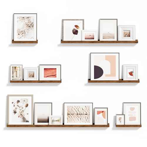 Vinyl Record Shelf Wall Mount, 6PC Album Record Holder Display, Wood Floating Shelves, Wood Ledges for Wall, 0ffice Wall Shelves, Album Shelves, Magazine Rack Walnut - 1x48In, 1x36In, 2x24In & 2x12In