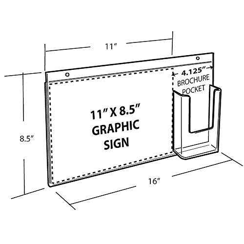 Azar Displays 252052-2pk 16" W x 8.5" H Acrylic Horizontal Wall Mount Sign Holder with Attached Brochure Holder (Pack of 2)