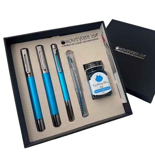 Monteverde Ritma 3+2 Piece Gift Set, Turquoise - Includes Stub Nib Fountain Pen, Rollerball, Ballpoint, 30ml Ink & Refill - Premium Writing Set for Calligraphy & Art Enthusiasts