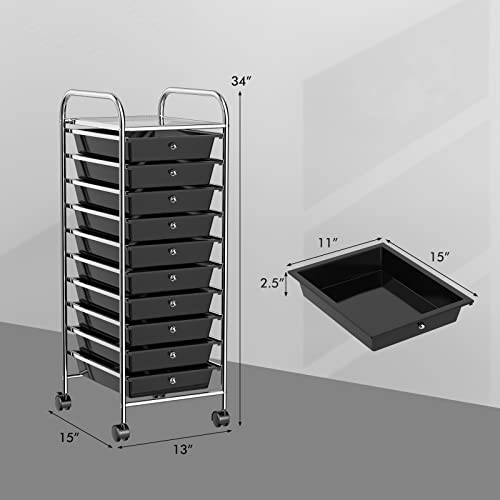 OfficeJOY Black 10-Drawer Rolling Storage Cart with Lockable Wheels & Handles