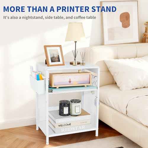 White Printer Stand with Storage Shelf, Small 3-Tier Height Adjustable Printer Table, Industrial Under Desk Printer Stand with Basket & 3 Hooks for Home Office Fax Machine Scanner Files