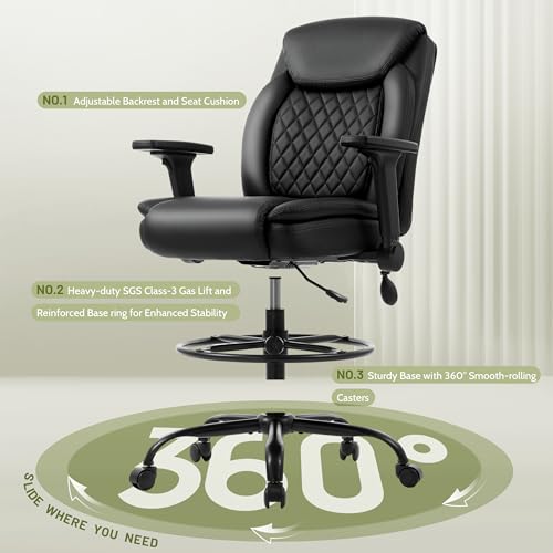 Sofayonn Drafting Chair Black with Flip-Up Armrests, Adjustable Foot Ring & Inflatable Lumbar Support - Tall Executive Task Stool