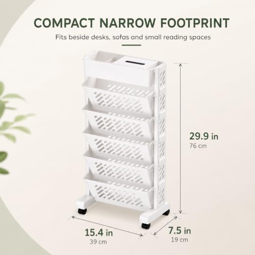 6-Tier Rolling Book Cart with Wheels – Narrow Plastic Bookshelf