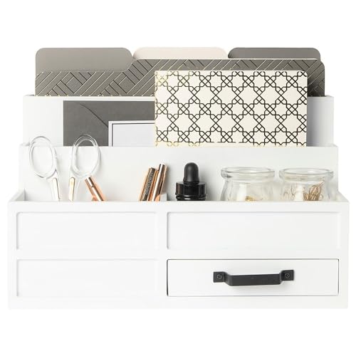 BLU MONACO White Desktop Organizer with Drawer ? Paper Wood Bill & Mail Organizer for Office Desk, Countertop & Workspace Storage