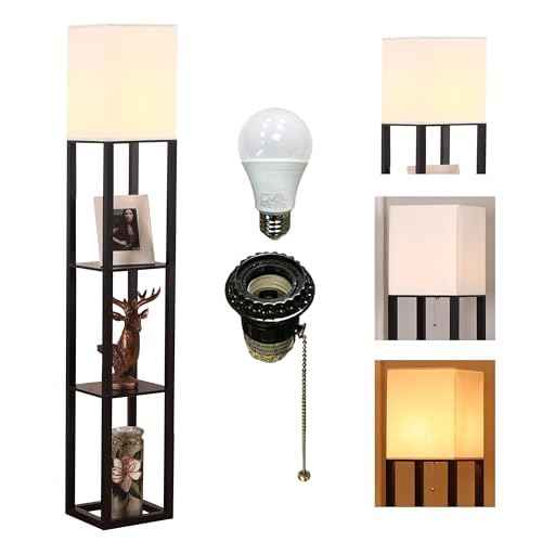 HomeFocus - Floor Lamp with Shelves,Shelf Floor Lamp with LED Bulb,Bookshelf Corner Display Lamp for Living Room,Bedroom and Office,White Linen Shade,Rustic Wood,Black