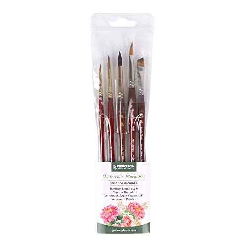 Princeton Artist Brush Co. Watercolor Floral Set - 5pc Short Handle Selection of Synthetic Watercolor Brushes - Petals Angle Shader and 3 Round Watercolor Paint Brushes for Floral Painting Techniques