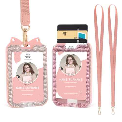 2 Pack Lanyards for ID Badge Holder Bling Sparkly Cute ID Card Holder with Lanyards for Women (Pink and White)