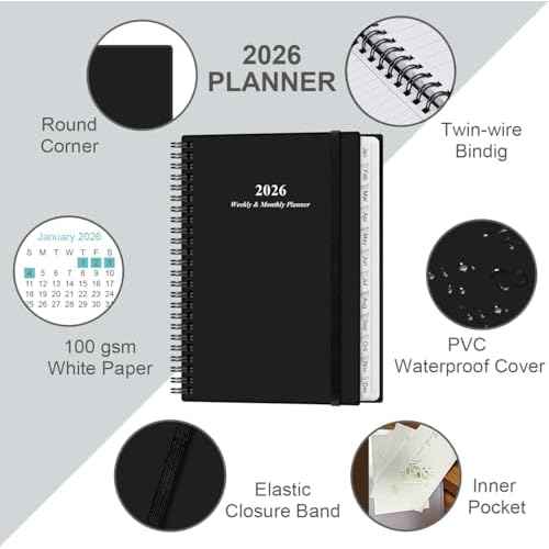 Planner 2026 - A5 Weekly & Monthly Planner Spiral Bound, January 2026 - December 2026, with Flexible Cover, Tabs, Inner Pocket, 6.4" x 8.5", Black