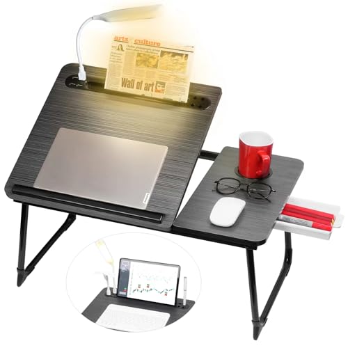 CloudTrip Plus XL Adjustable Laptop Desk with Light, USB Port, iPad Holder, Drawer - Black