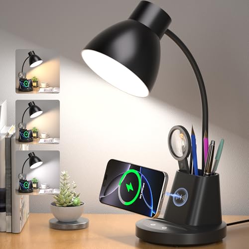 Black 10W Wireless Charging LED Desk Lamp with Pen Holder - Eye-Caring, Adjustable Brightness