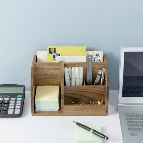 MyGift Premium Acacia Solid Wood Desk Organizer, Rustic Wooden Office Supplies Table Caddy with Mail Sorter, Sticky Note Holder, 2 Slot Pen Storage, and Accessories Tray