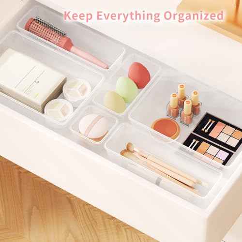 25 PCS Plastic Drawer Organizer Set, 4-size Clear Bathroom and Vanity Desk Drawer Organizer Trays, Non-Slip Versatile Storage Bins for Makeup Jewelry Office Kitchen Gadgets