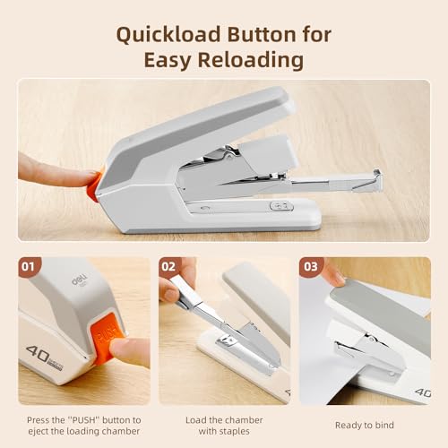 Deli White Heavy Duty Desktop Stapler - 40-50 Sheet Capacity, Jam-Free, Effortless One-Finger Stapling