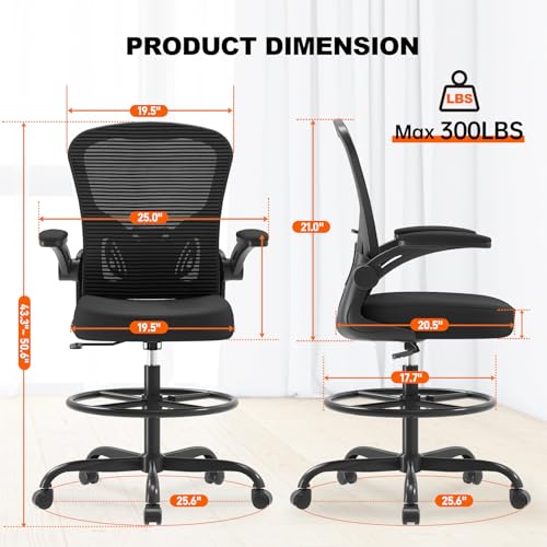 Synorla Ergonomic Drafting Chair with Mesh Back & Flip-Up Arms - Adjustable Office Stool