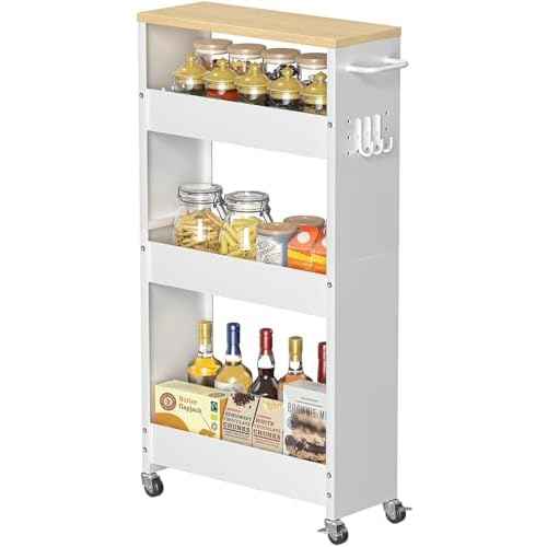 Slim Storage Cart, 4-Tier Kitchen Rolling Cart Narrow Storage Cabinet with Handle & Wheels, Metal Rolling Shelf Unit for Kitchen Bathroom Laundry Small Places (5.9IN White/Natural)