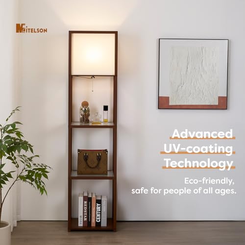 Floor Lamp with Shelves, Modern Shelf Lamps with Tempered Glass, Standing Lamp with LED Bulb, Display Corner Shelf with Lights for Living Room, Bedroom, Office,Walnut Brown