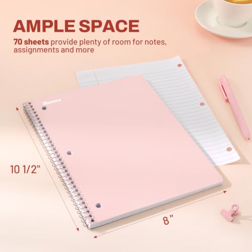 SUNEE Pastel 5-Pack Spiral Notebooks - 1 Subject, College Ruled, 8 x 10.5 inches, 70 Sheets, Pink, Purple, Blue, Green, Yellow