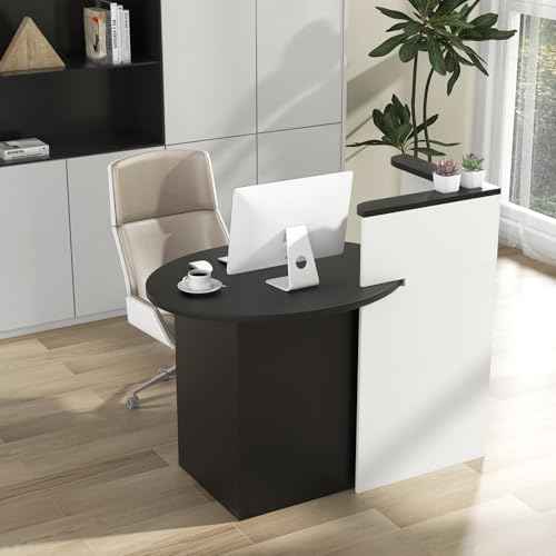 Reception Desk, 48¡¯¡¯ Retail Counter w/Lockable Drawer & Storage Shelf, L-Shaped Reception Table, Wooden Computer Desk for Salon, Restaurant, Office (Black & White)