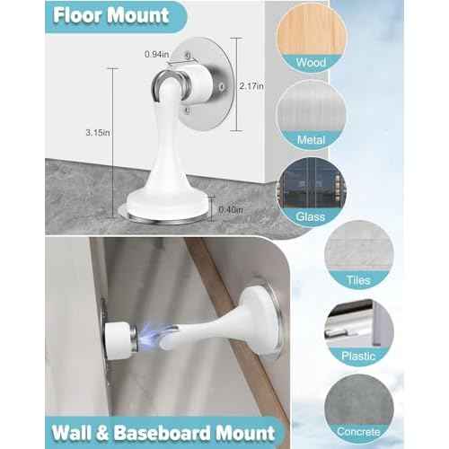Door Stoppers Magnetic Door Catch - 6 Pack Stainless Steel Heavy Duty Door Stops for Bottom of Door, Wall & Floor Mounting No-Drill Strong Adhesive & Screws, Strong Door Holder to Keep Door Open,White
