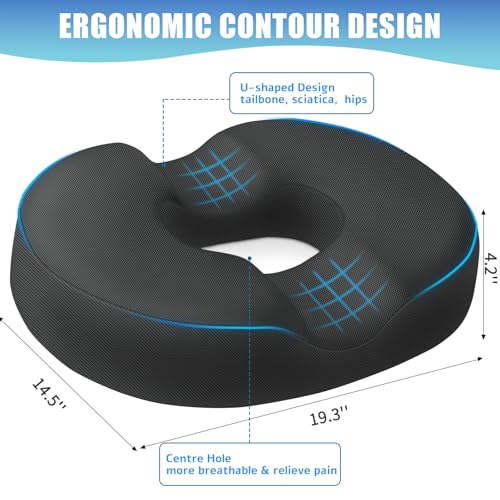 BlissTrends Donut Pillow Seat Cushion, Donut Chair Cushions for Postpartum Pregnancy&Hemorrhoids, Tailbone Pain Relief Cushion, Memory Foam Lifting Cushions for Office & Home Chairs (Black, XX-Large)