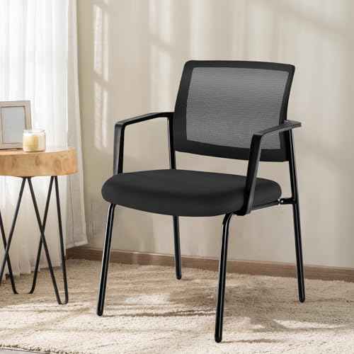 DUMOS Black Stackable Arm Chairs with Mesh Back and Upholstered Fabric, Sturdy Metal Frame, Easy to Store and Use, Perfect for Indoor and Outdoor Spaces, 1 Chair