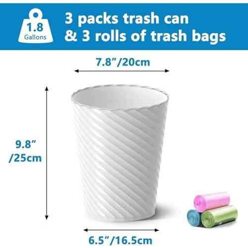 Bathroom Trash Can, 3 Pack 1.8 Gallons Small Trash Can with Trash Bags, Bathroom Garbage Can, Plastic Trash Bin, Round Waste Basket for Living Room, Bedroom, Office, Kitchen, Compact Space (White)