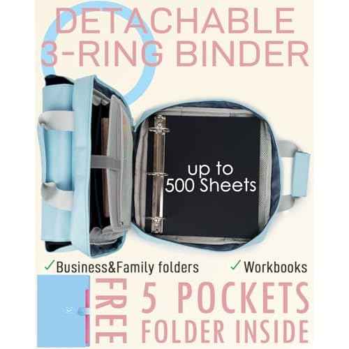 3 Ring Zipper Binder Bag with Handle and Shoulder Strap, 3-Inch D-Ring, Large Laptop Pocket, 5-Tab Expanding File Folder, School Supply Kit (Minor Blue)