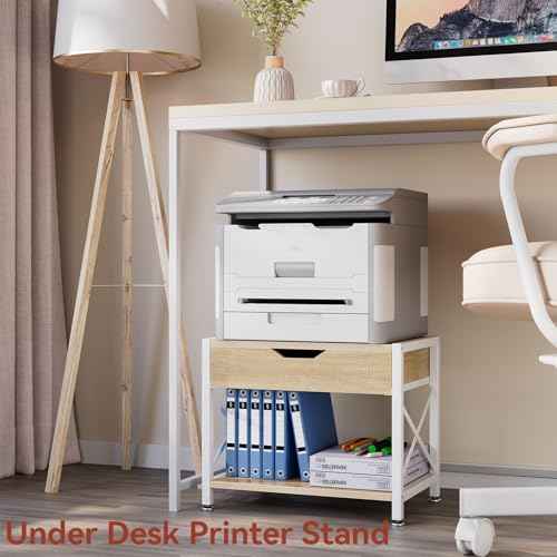 IBUYKE 2 Tier Desktop Printer Stand,Multi-Purpose Desk Organizer,Wooden Printer Stand with Drawer Storage for Folders,Books,for Fax Machine, Scanner,Home Office,Light Wood TLJ012R