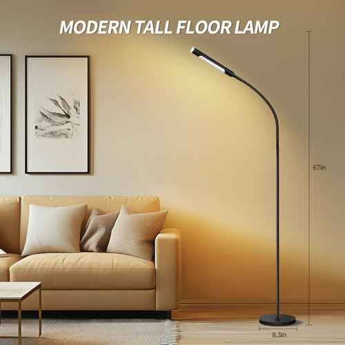 Floor Lamp with Remote, 67" Gooseneck Dimmable Standing Lamp, 3 Color Temperatures & 5 Brightness Levels, Modern Reading LED Light for Bedroom, Living Room, Office - Black
