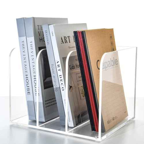 3 Vertical Compartments Clear Acrylic Magazine & File Holder ? Multipurpose Desk Organizer for Documents, Tablets, Magazines, Books ? Office/Home/Classroom Rack