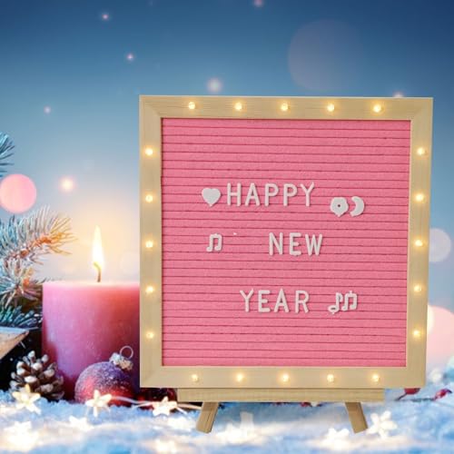 Pink Felt Letter Board with Stand & LED Lights - 10x10 inch, 340 Letters, Wall Mount & Tripod for Party & Home Decor (Pink)