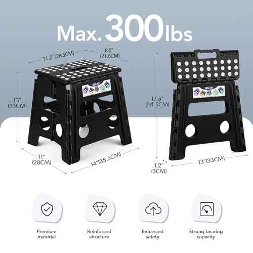 Delxo Folding Step Stool, 13 inch Non-Slip Foldable Stools Up to 300 LBS, Step Stool with Handle, Lightweight for Kitchen, Bathroom, Bedroom, Garden, Black, 1PC