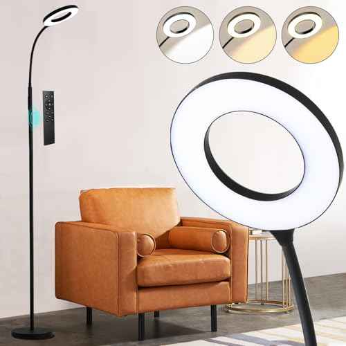 LED Floor Lamp, 12W/1000LM Reading Light, 3 Color Temperatures Bright Floor Lamp, Adjustable Gooseneck Standing Lamp with Remote & Touch Control for Living Room, Bedroom, Office(Black)