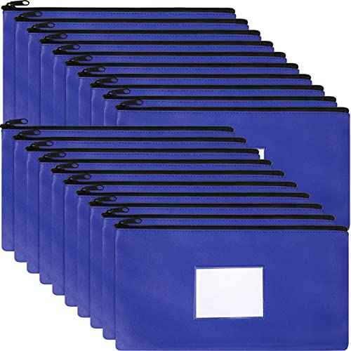 20 Pcs Money Bank Bag with Zipper 11 x 6 Inch Money Pouch Bulk Security Bank Deposit Bag with Clear Window Leatherette Cash Coin Wallet for Women Men(Dark Blue)