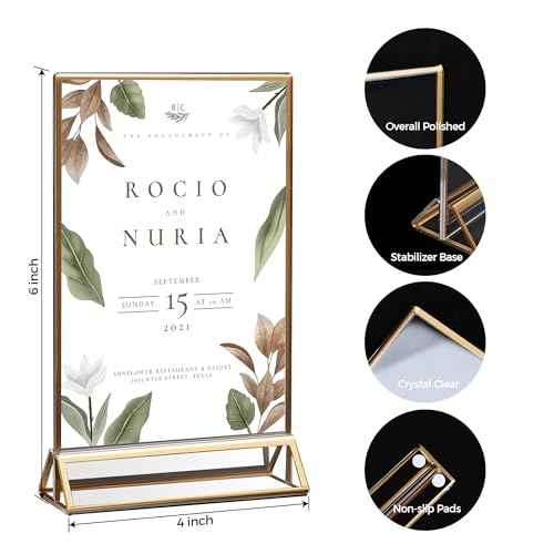 14 Pack Acrylic Sign Holder 4x6 Gold Frames, Wedding Table Number Holders Double Sided Vertical Clear Display Stand, Picture Holders for Tables, Menus, Flyers, Party and Office Decor