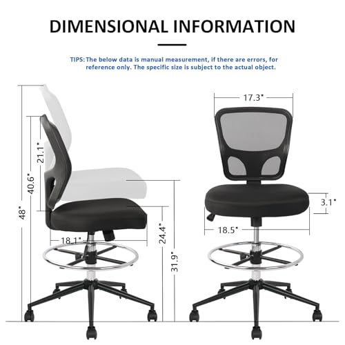HYLONE Black Adjustable Drafting Chair Tall Office Stool with Footrest & Wheels