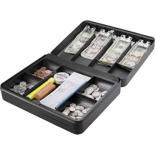 Barska 12-Inch Fold Out Cash Box with Key Lock ? Drop Slot, 4 Bill Compartments, 5 Coin Tray Sections, Steel Construction, Portable Money Box for Home, Office, or Events