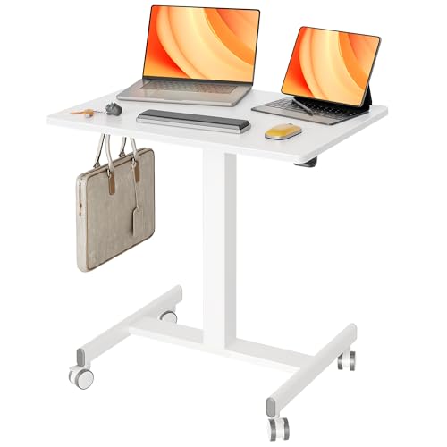 Claiks Mobile Standing Desk, Small Rolling Workstation With Wheels, Pneumatic Laptop Desk for Home Office With Hook, White