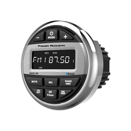 Power Acoustik MMR-4B Marine Grade Receiver Radio, AM/FM/WB Tuner, Bluetooth Audio & Phone Calling, USB Playback (to 64GB), IPX5 Watertight, 4-Ch, Front/Rear/Sub Preamp Outputs, AUX Input, EQ Presets