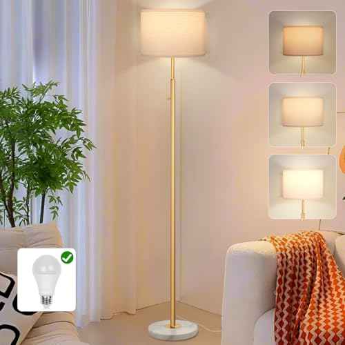 63.7" Modern Floor Lamp with White Marble Base & Linen Shade, Dimmable Tall Standing Lamp for Living Room & Bedroom, Gold Pole Light with 9W LED Bulb for Office Reading