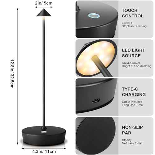Rechargeable Cordless Table Lamp, Portable Powered LED Battery 6000mAh Metal USB Desk Lamp, 3 Levels Brightness Light for Restaurants Outdoor (Black)