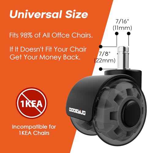 2 Inch Office Chair Wheels, 7/16-7/8 Stem,Transparent TPU Material, High Elasticity, Quiet, Smooth Rolling, Nylon Frame, 880LB Load£¬Fits 98% Chair, Capacity, Set of 5£¬Hard Floors & Carpet£¬Not for 1KEA
