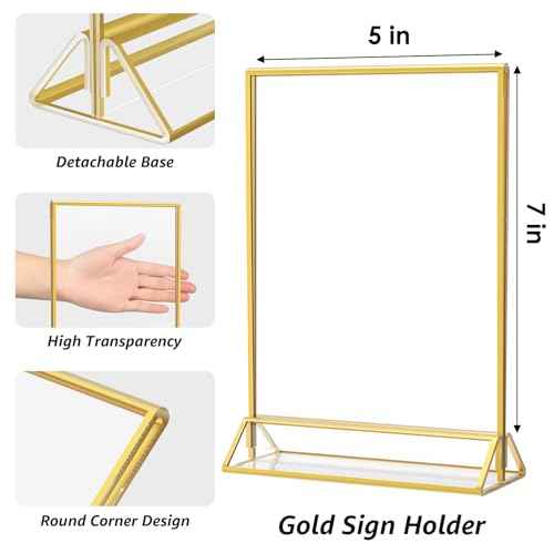 MaxGear 5x7 Gold Acrylic Sign Holder 12 Pack, Gold Table Number Holders, Mini Frames Double Sided Acrylic Picture Frames Photo Stand, Clear Menu Flyer Stand for Wedding, Home, Restaurant