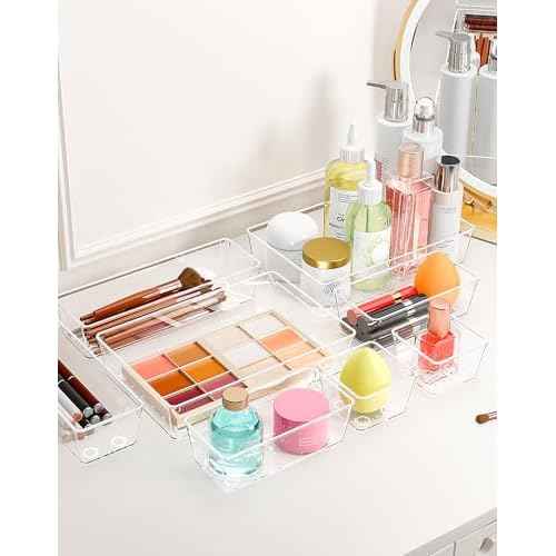 15Pcs Clear Plastic Drawer Organizers Set, 4size makeup drawer organizer trays for vanity/desk/bathroom/office/nightstand/gadgets for kitchen/desk drawer, Versatile drawer divider storage bins
