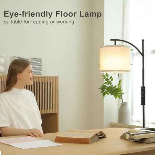 Ambimall 60" Floor Lamp with Remote Control and Stepless Dimmable Bulb, Colors Temperature & Brightness Adjustable, Modern Floor Lamps for Living Room£¨Beige Shade & Black Pole£©