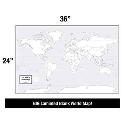 Large Blank World Outline Map Poster, Laminated, 36¡± x 24¡± | Great Blank Wall Map for Classroom or Home Study | Free Dry Erase Marker Included | Includes Detailed Laminated Answer Sheet | Learn Fast!
